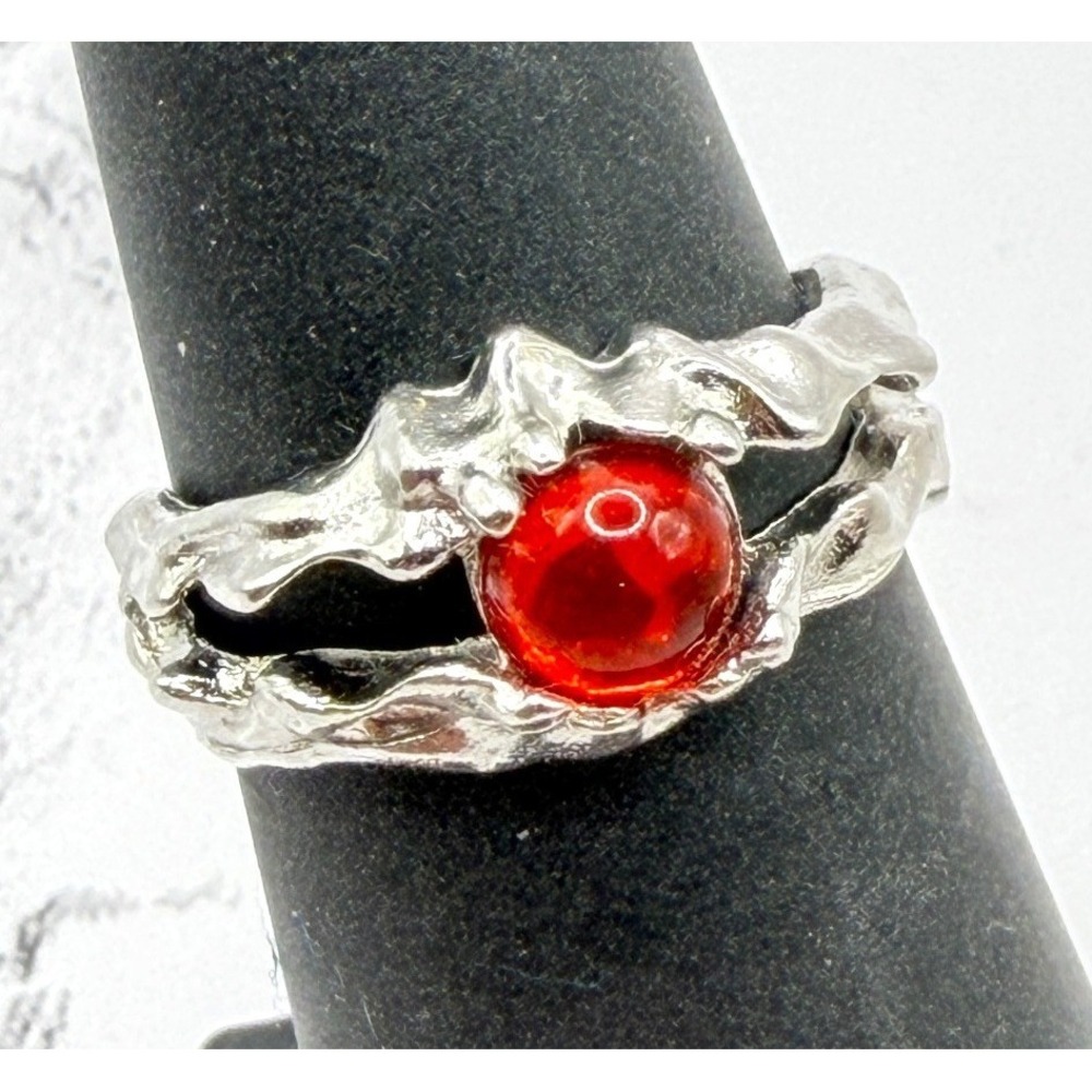 Size 6.5 Silver Tone Molten Texture Red Cabochon‎ Open Back Ring Gothic Style